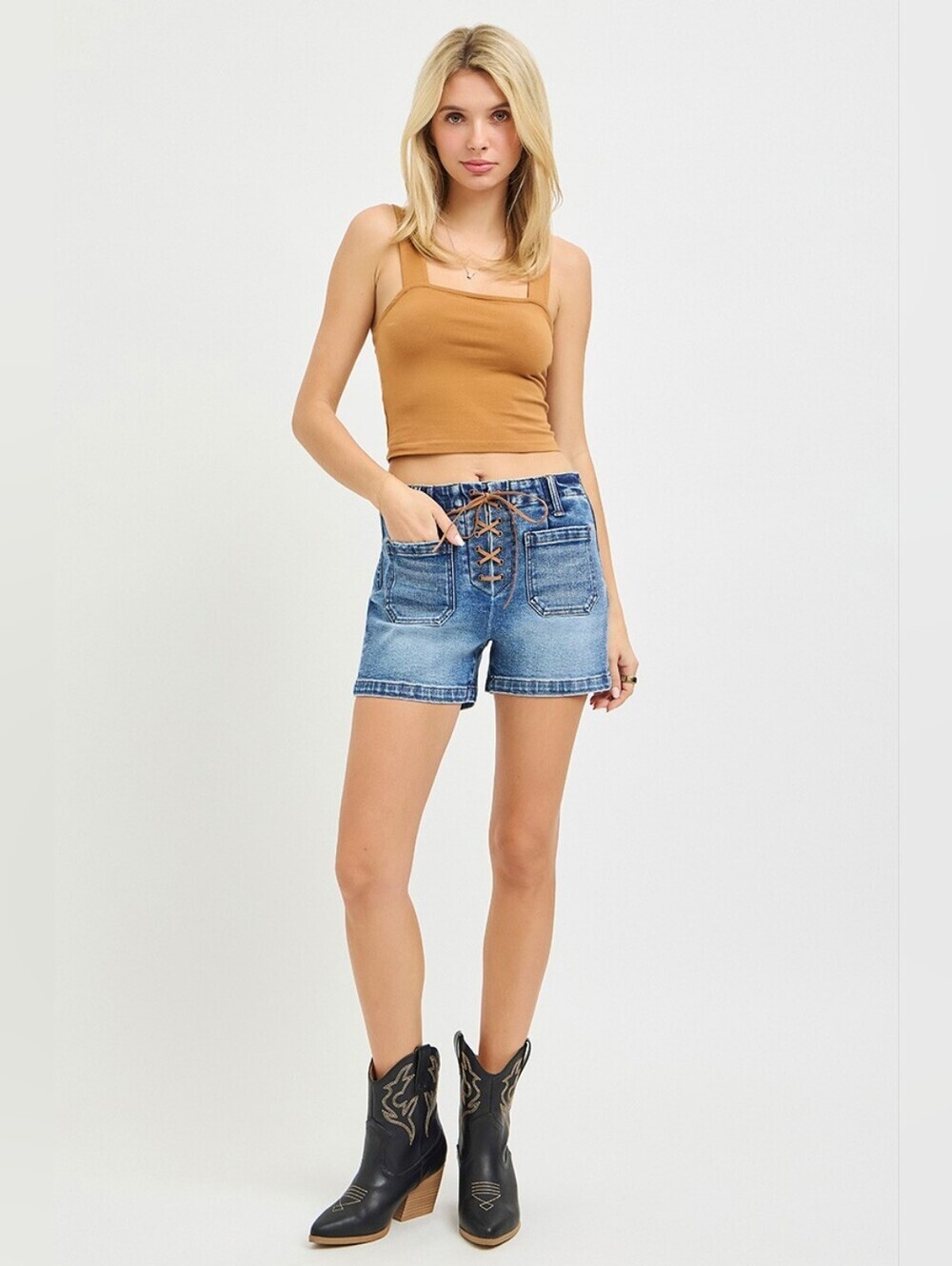 RISEN Medium Wash Denim Shorts Lace Up Tie Waist Patch Pocket Various NEW